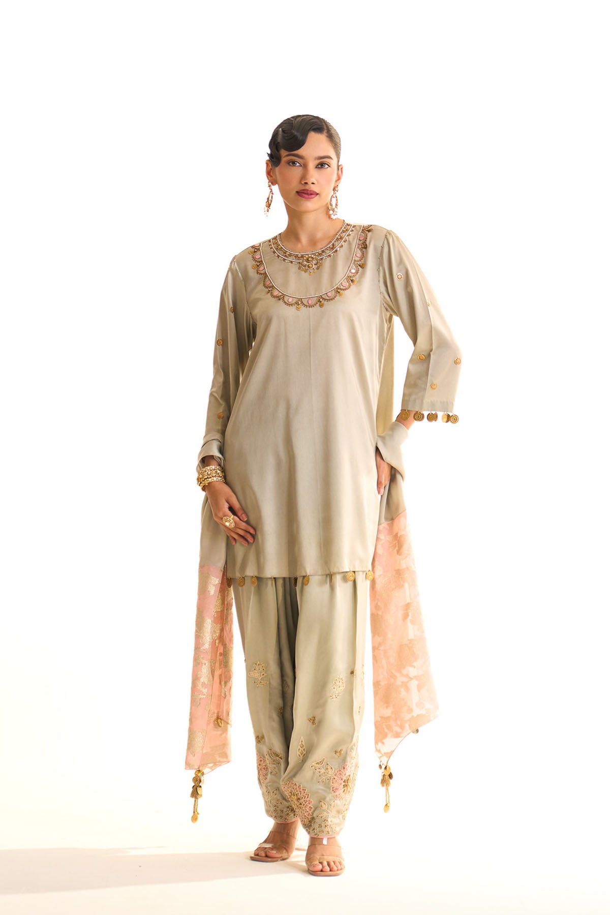 Summer mist Teal A-line satin neck embroidered set