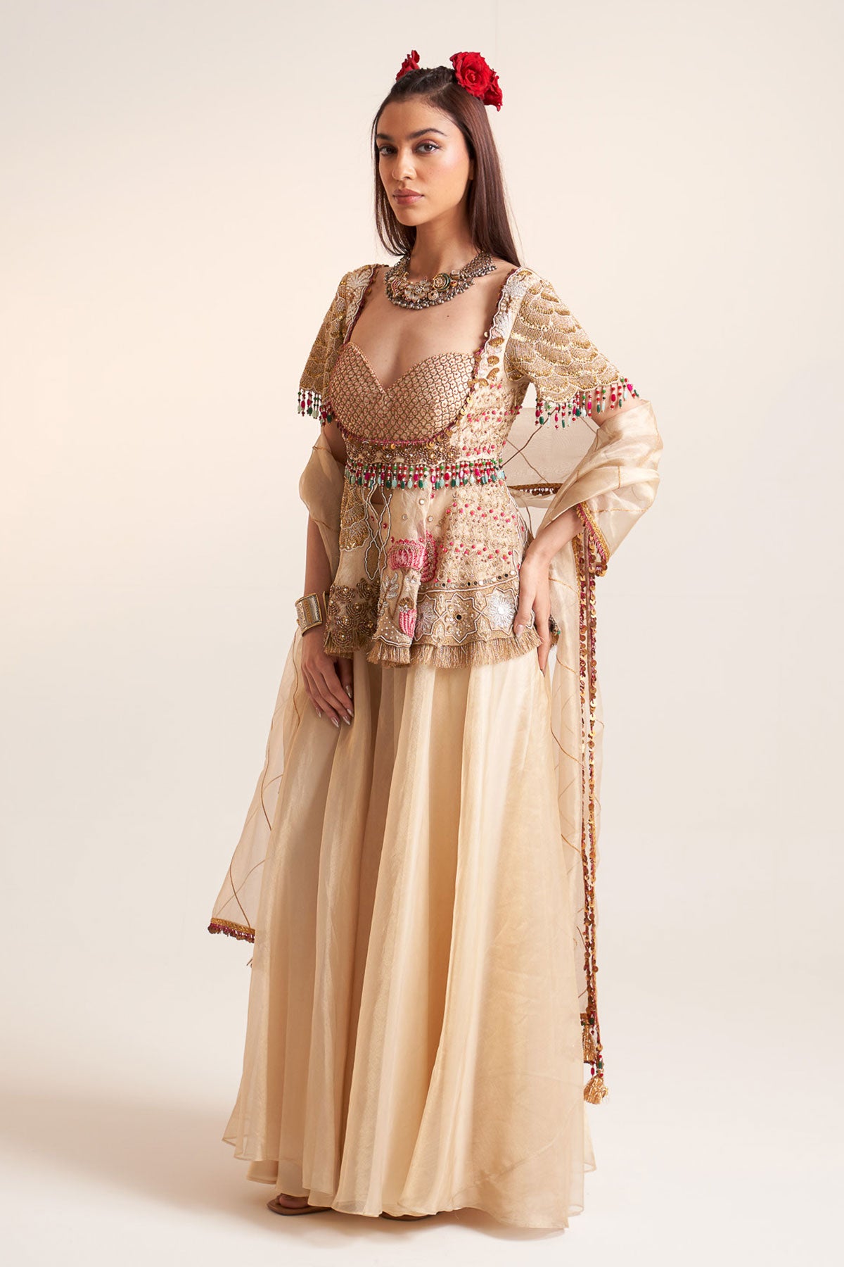 Gold peplum sharara set