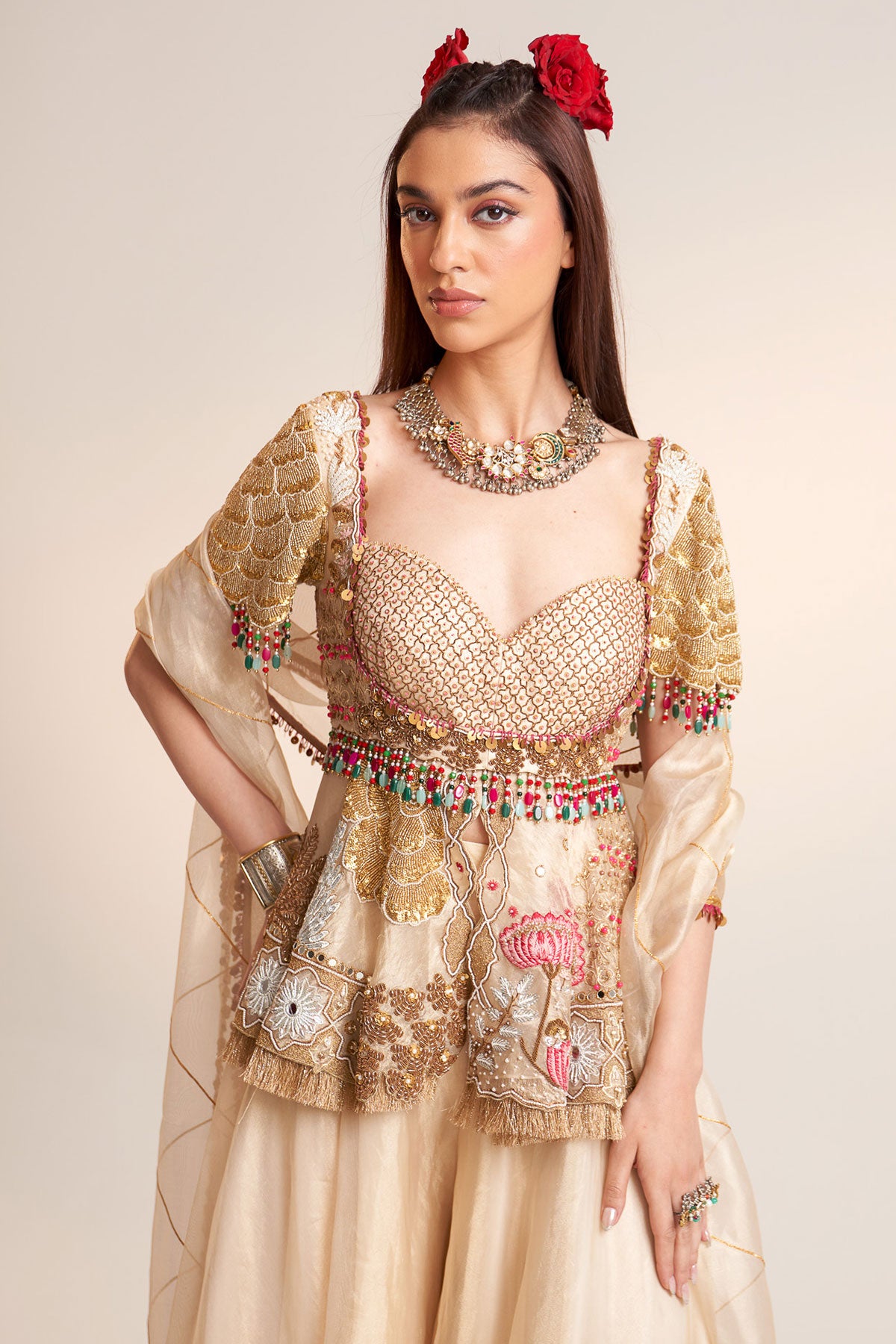 Gold peplum sharara set