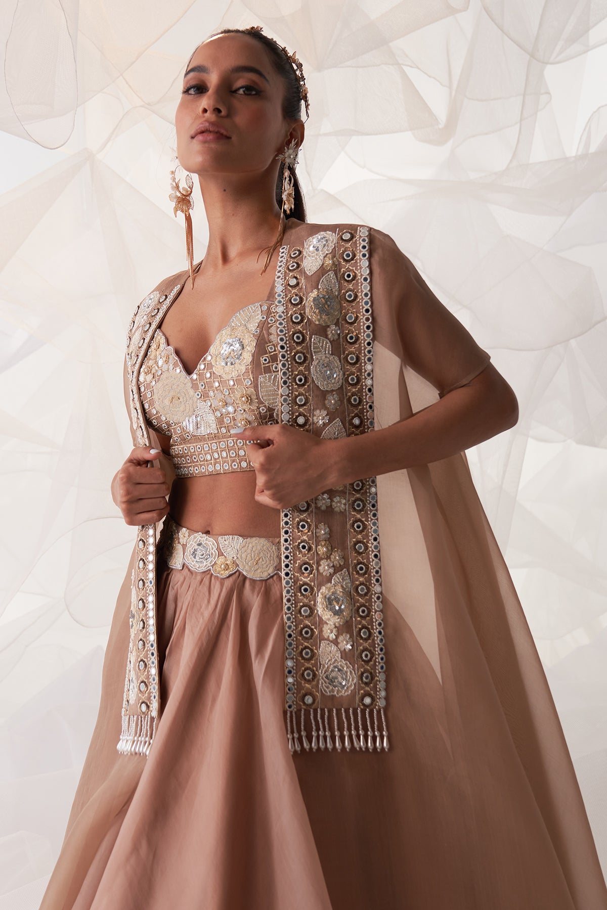 IVORY PEACOCK EMBROIDERED CAPE LEHENGA SET