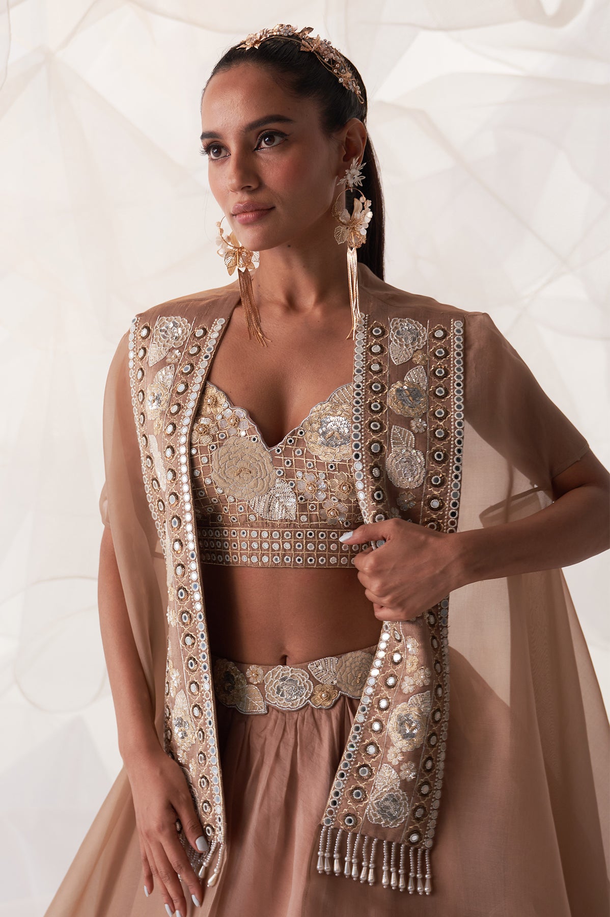 IVORY PEACOCK EMBROIDERED CAPE LEHENGA SET