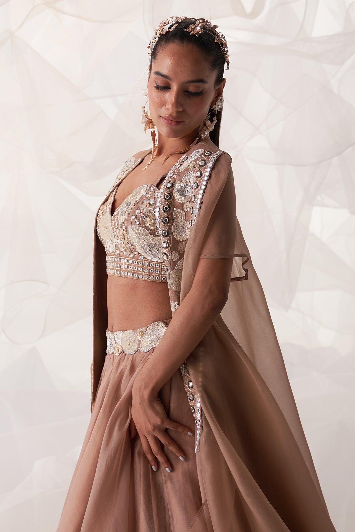 IVORY PEACOCK EMBROIDERED CAPE LEHENGA SET