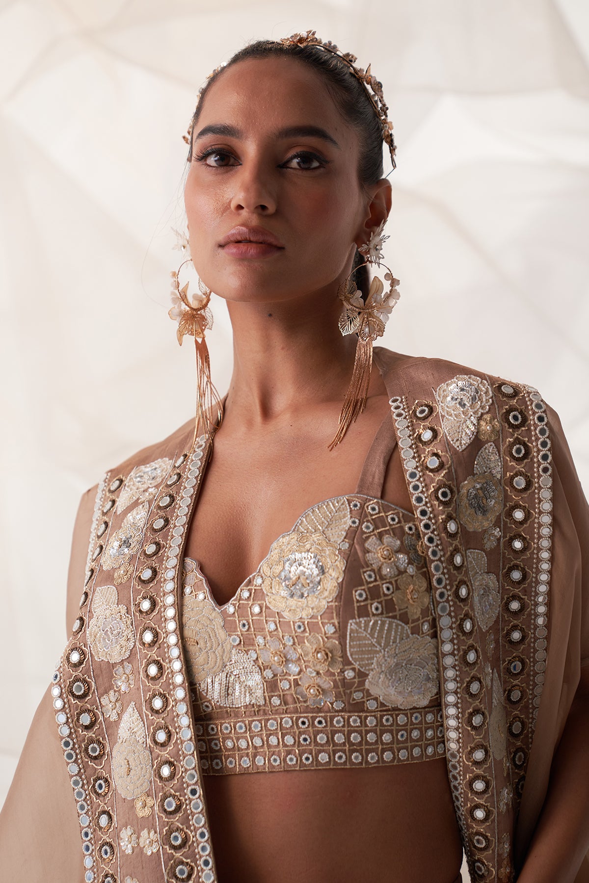 IVORY PEACOCK EMBROIDERED CAPE LEHENGA SET