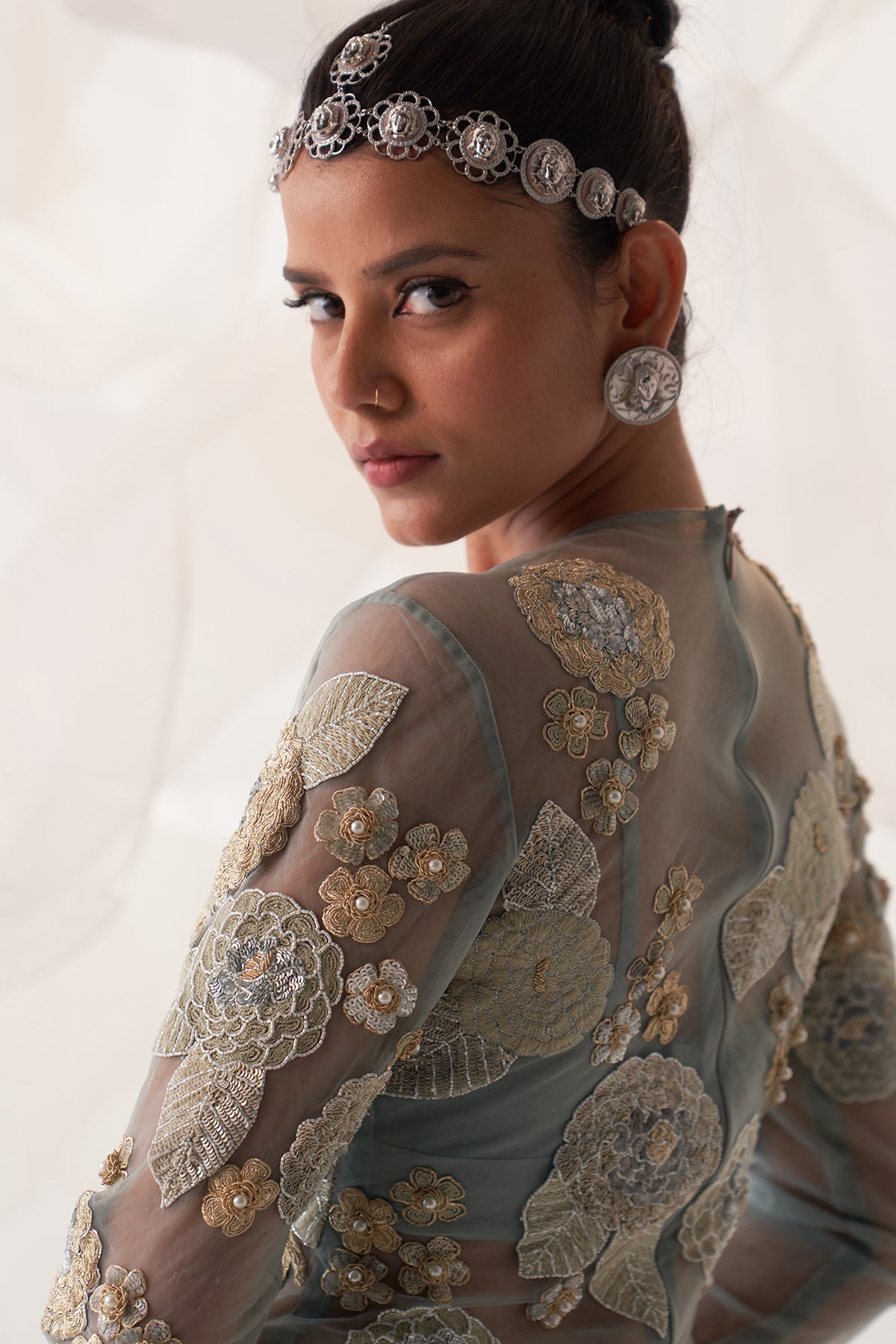 IVORY PEACOCK EMBROIDERED BODYSUIT SKIRT SET