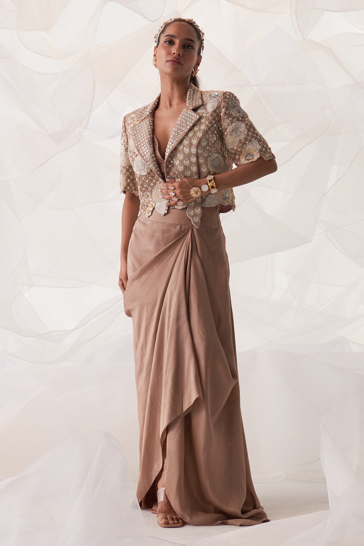 IVORY PEACOCK CROP BLAZER SET