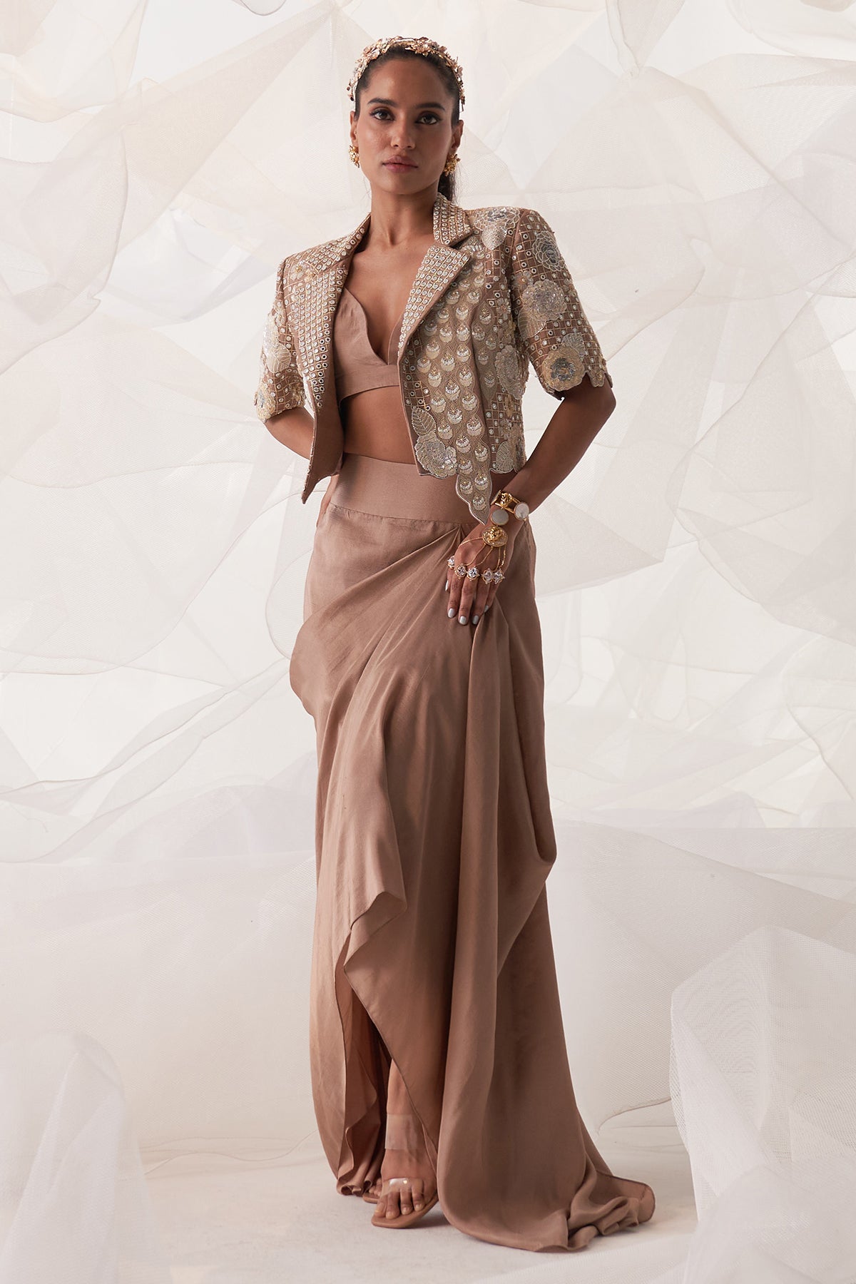 IVORY PEACOCK CROP BLAZER SET