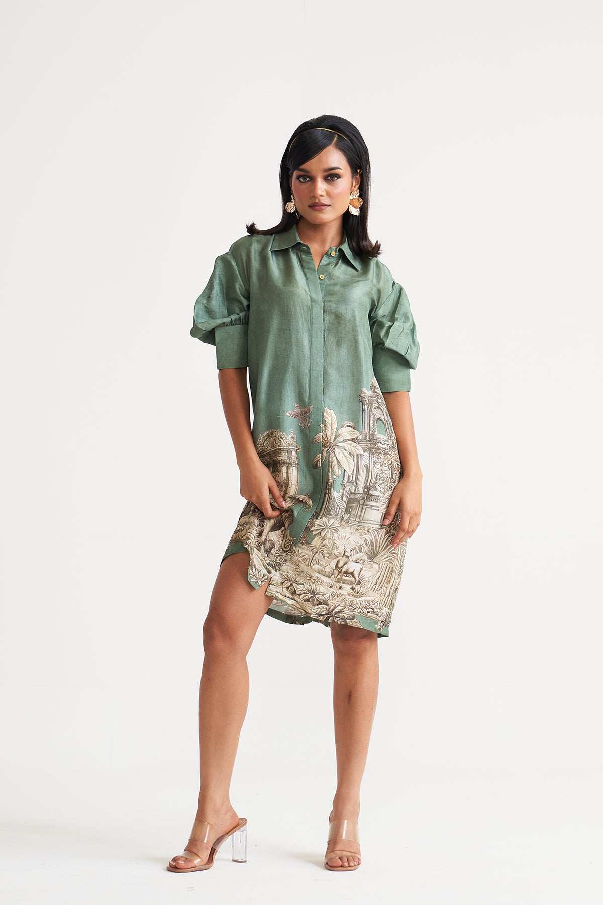 Box yoke pleated dress