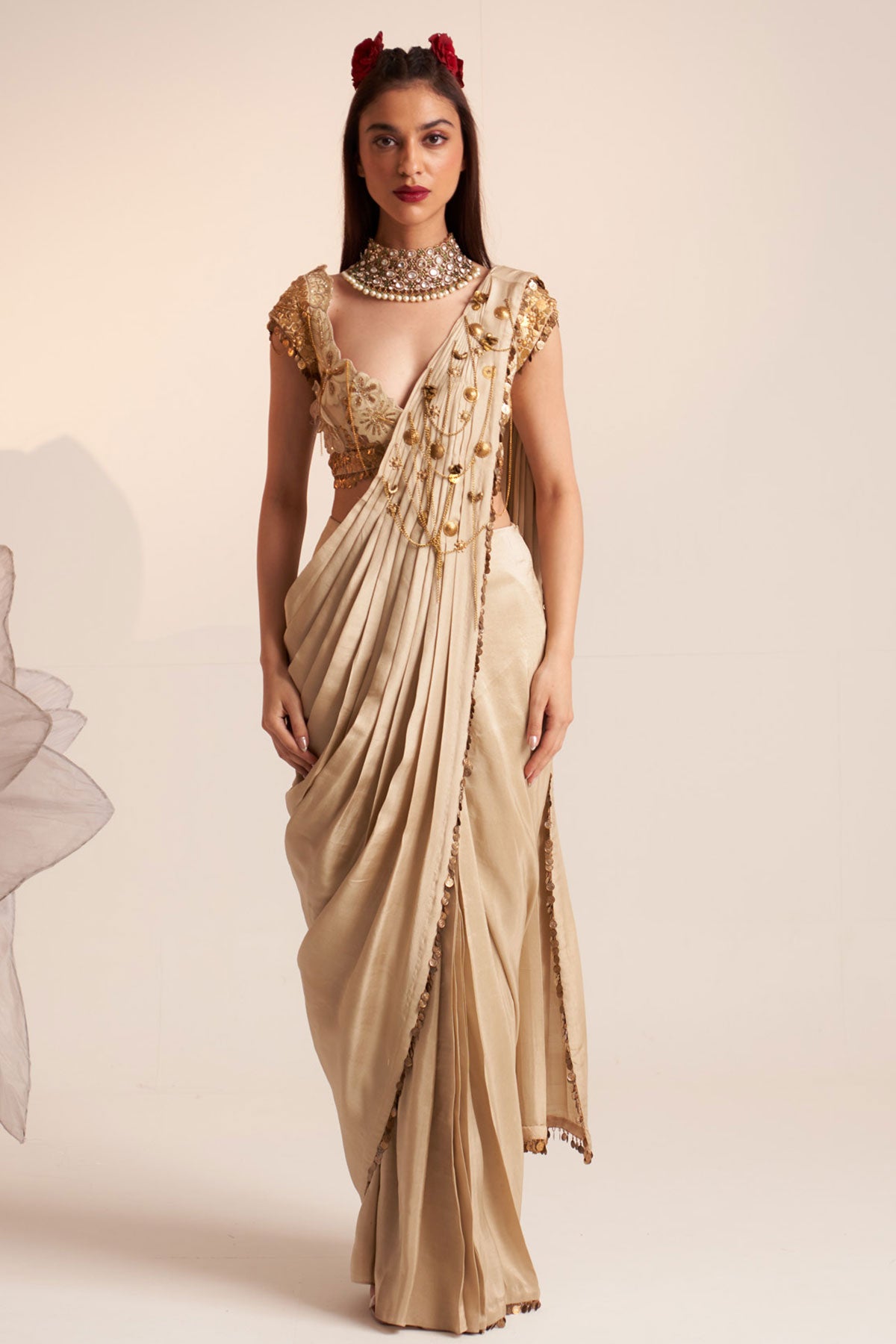 Ivory vintage lily draped saree blouse set