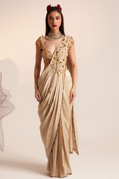 Ivory vintage lily draped saree blouse set