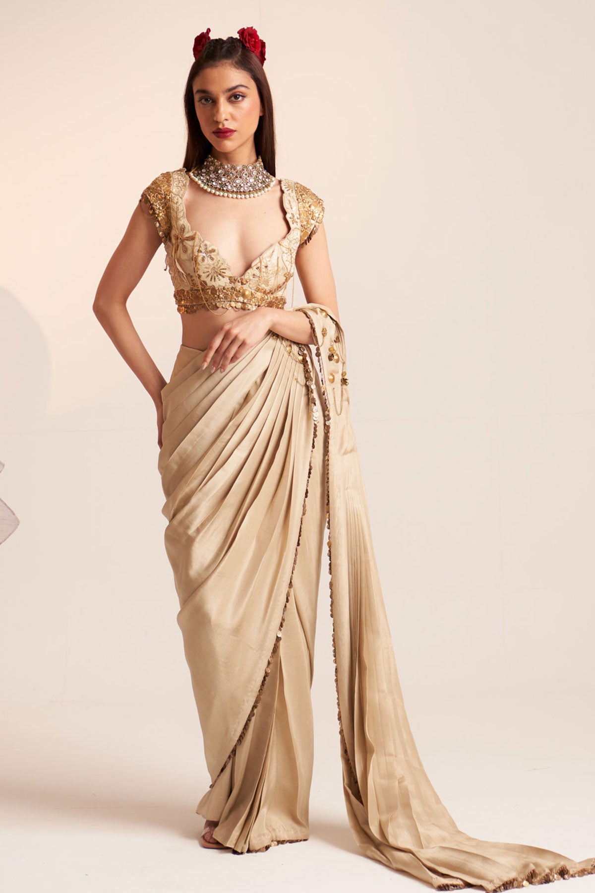 Ivory vintage lily draped saree blouse set