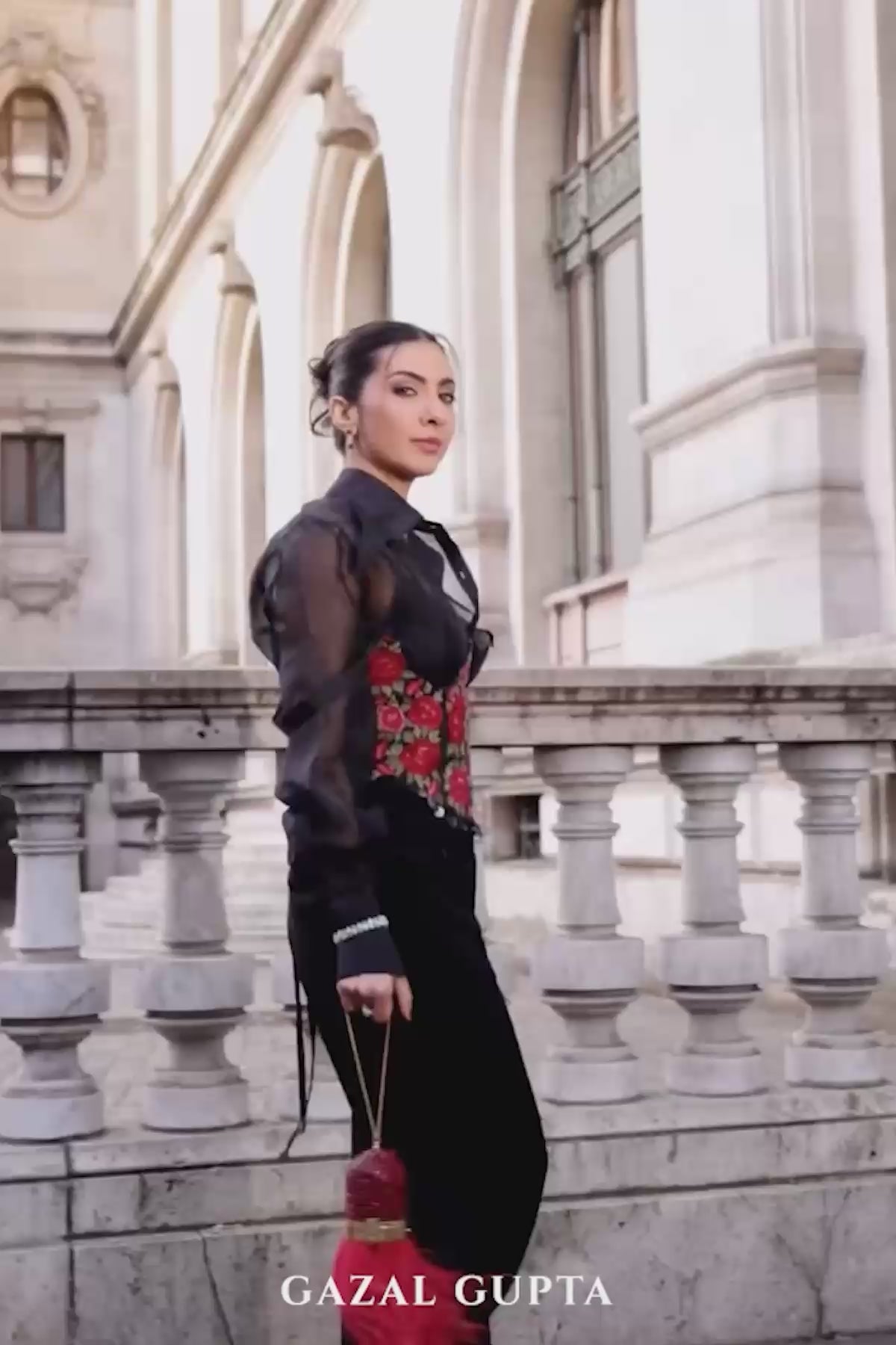 Niki Mehra in Trenchcoat with corset belt set