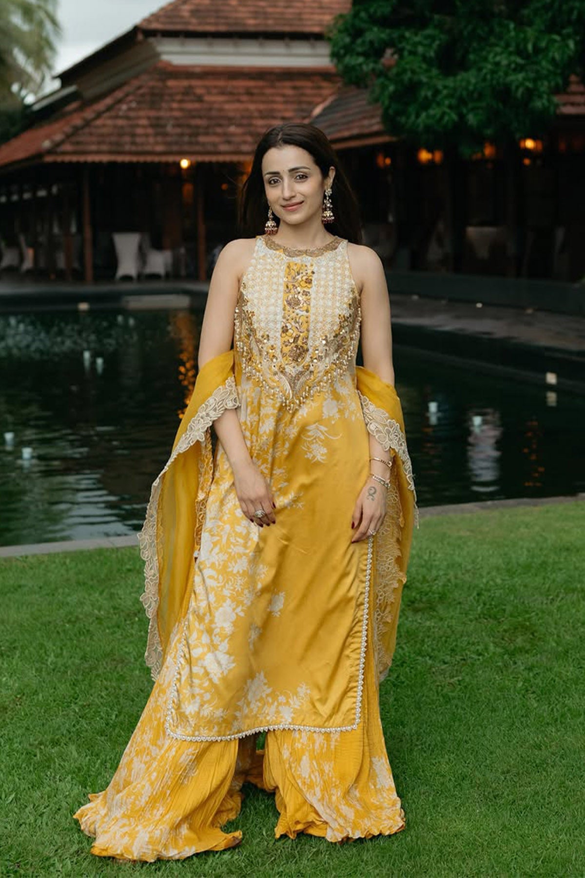 Trisha Krishnan Parsi yellow long suit set