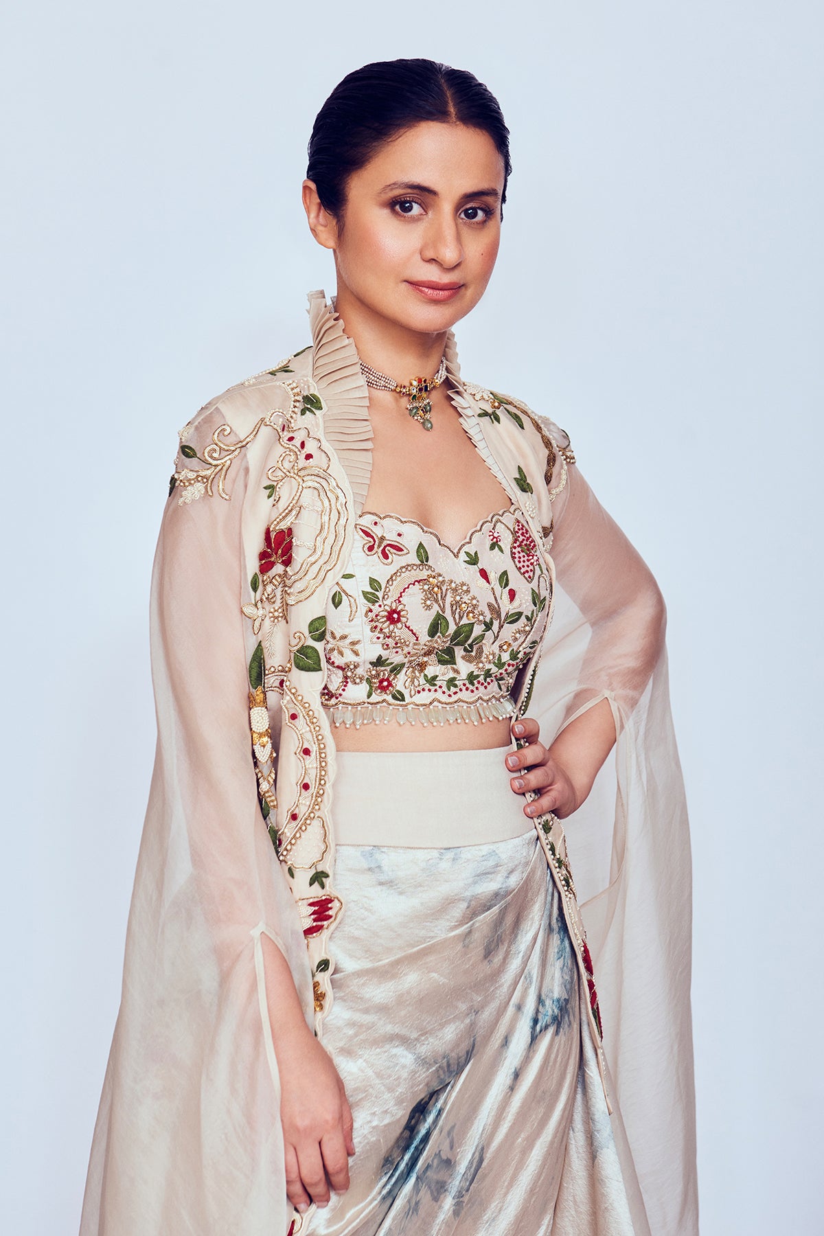 Rasika Duggal in Ring Cape with Drapes Skirt