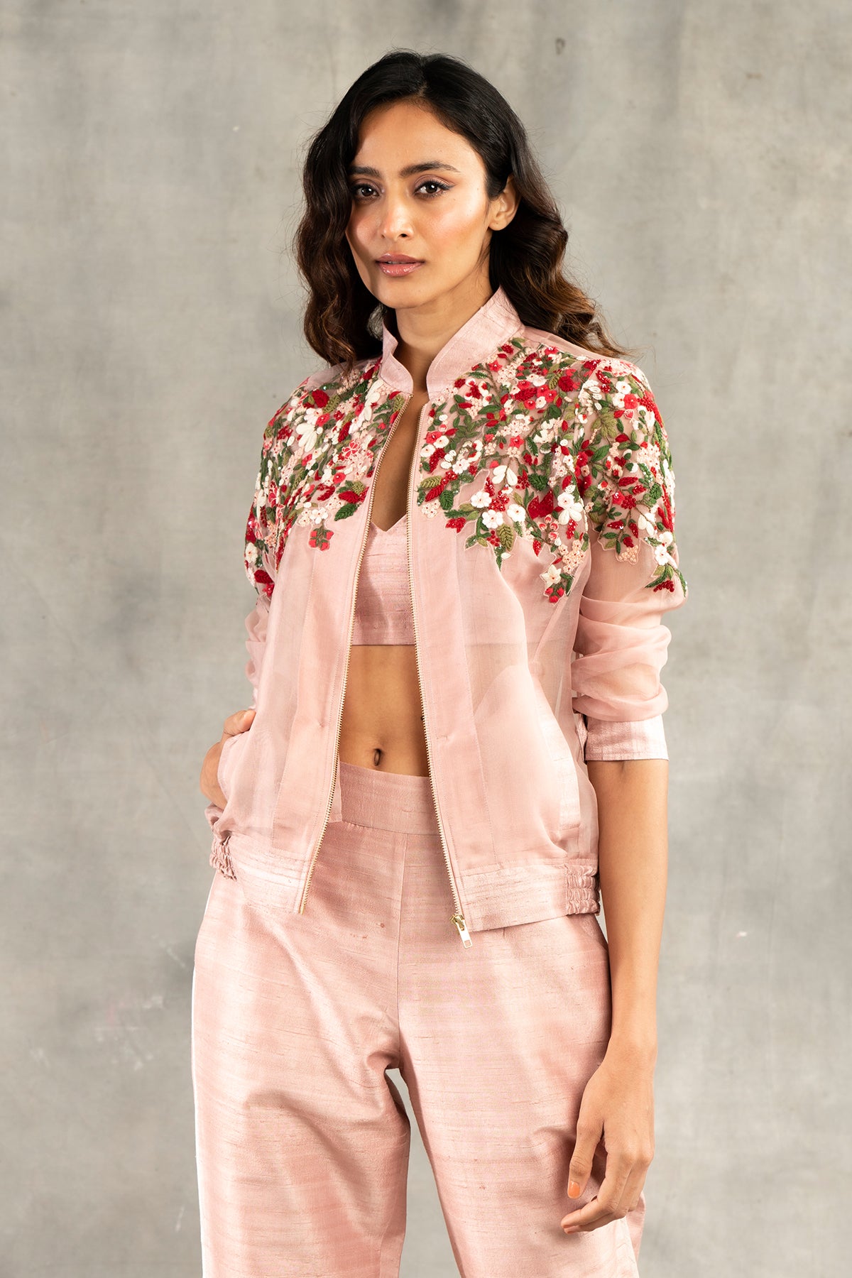 Old rose floral embroidered bomber jacket and pants set