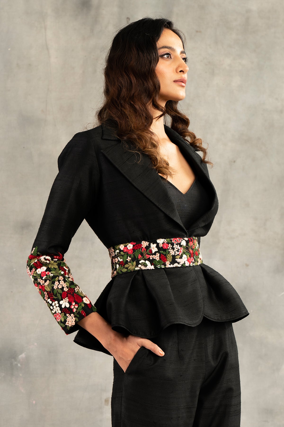 Black Floral embroidered pant suit