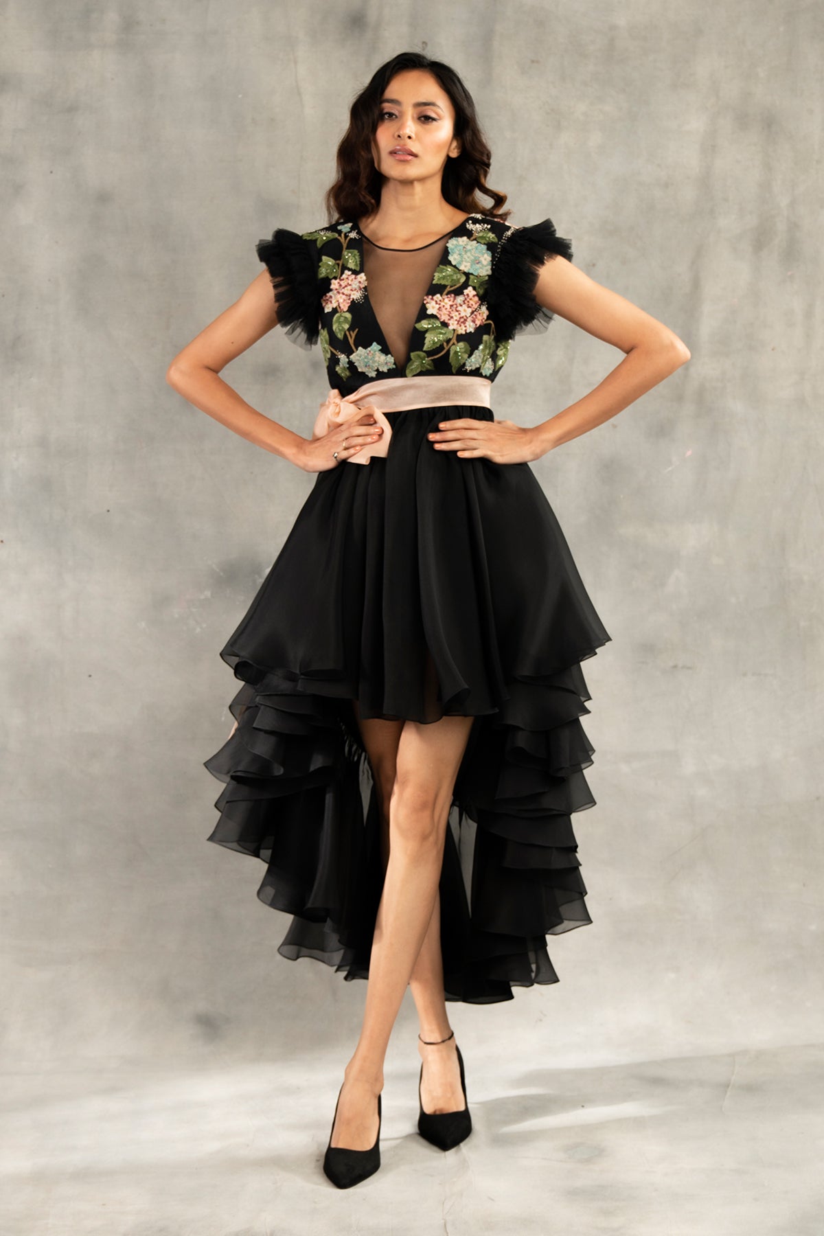 Hydrangea Flower Black Dress