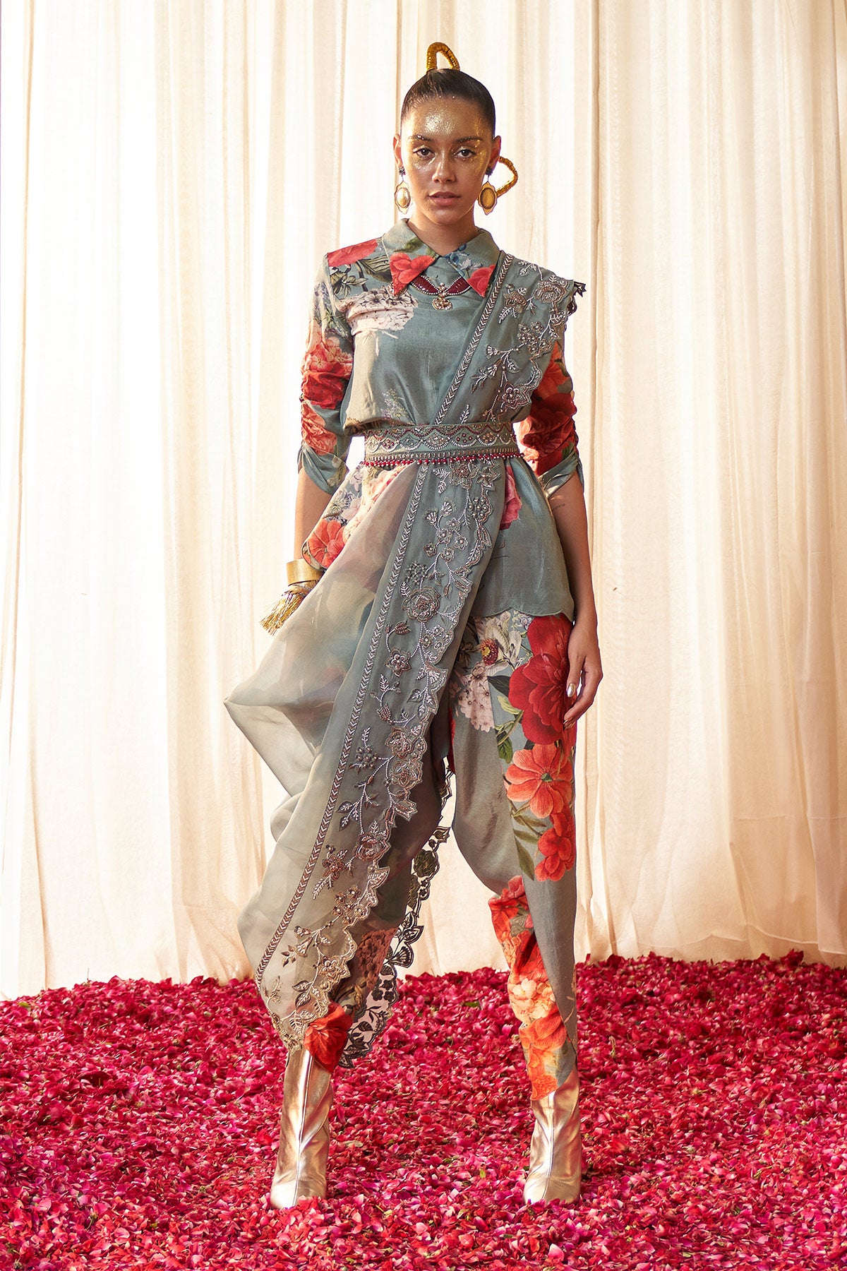 organza embroidered collar drape with silk top  and dhoti pant