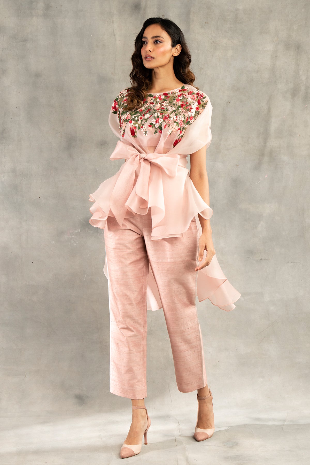 Old rose floral embroidered high low cape and pants set