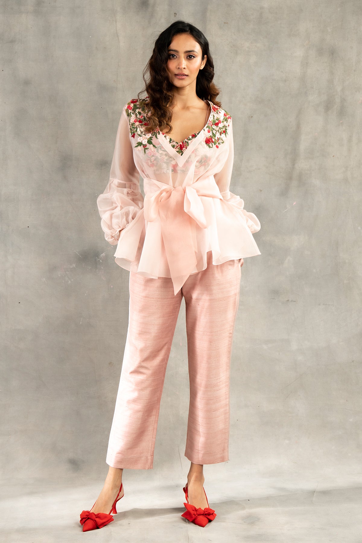 Old rose floral embroidered puff sleeves top and pants set