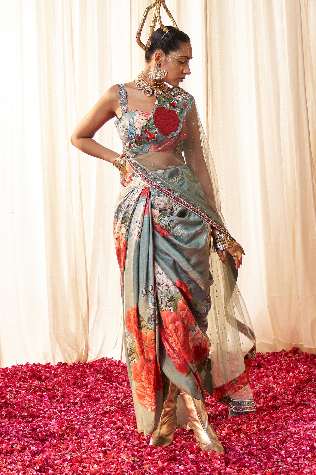 Rose bloom saree drape
