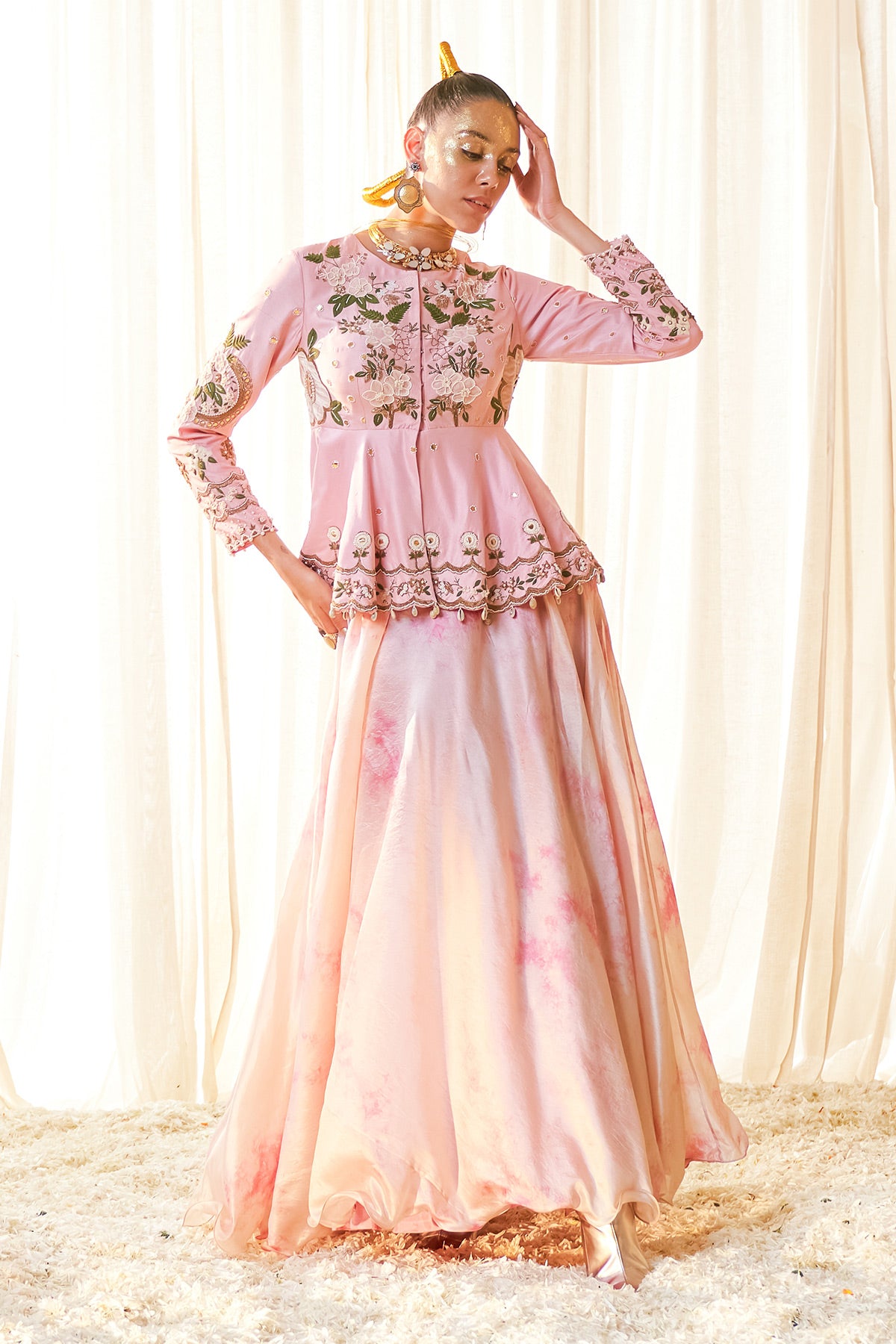 Floral Peplum top and skirt set (Pink)