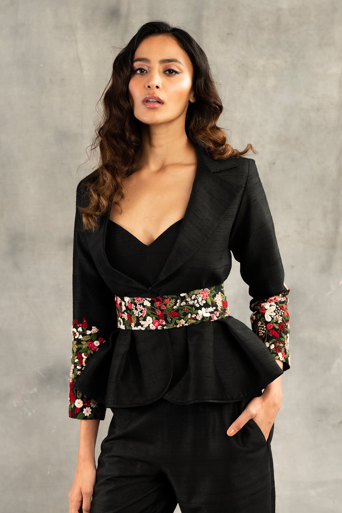 Black Floral embroidered pant suit