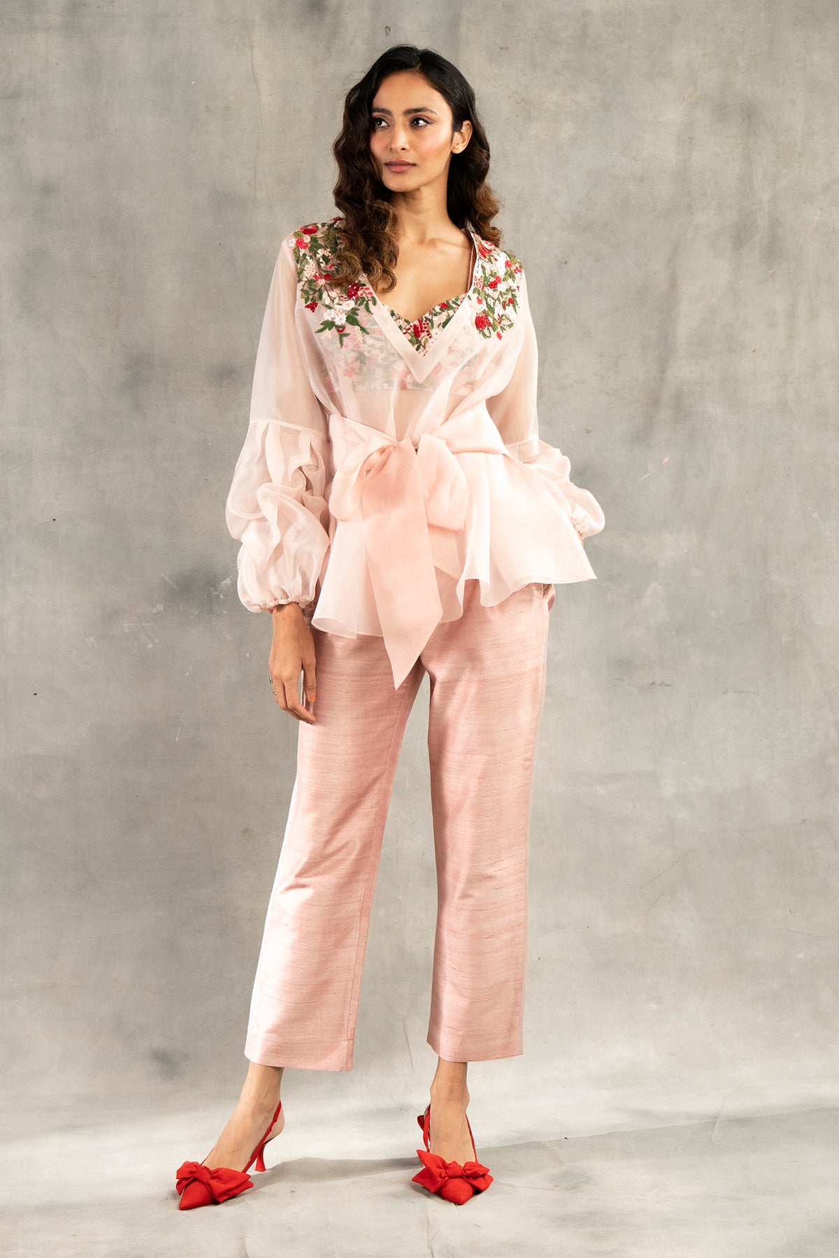 Old rose floral embroidered puff sleeves top and pants set