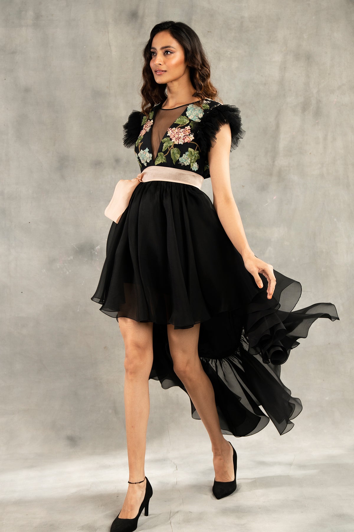 Hydrangea Flower Black Dress