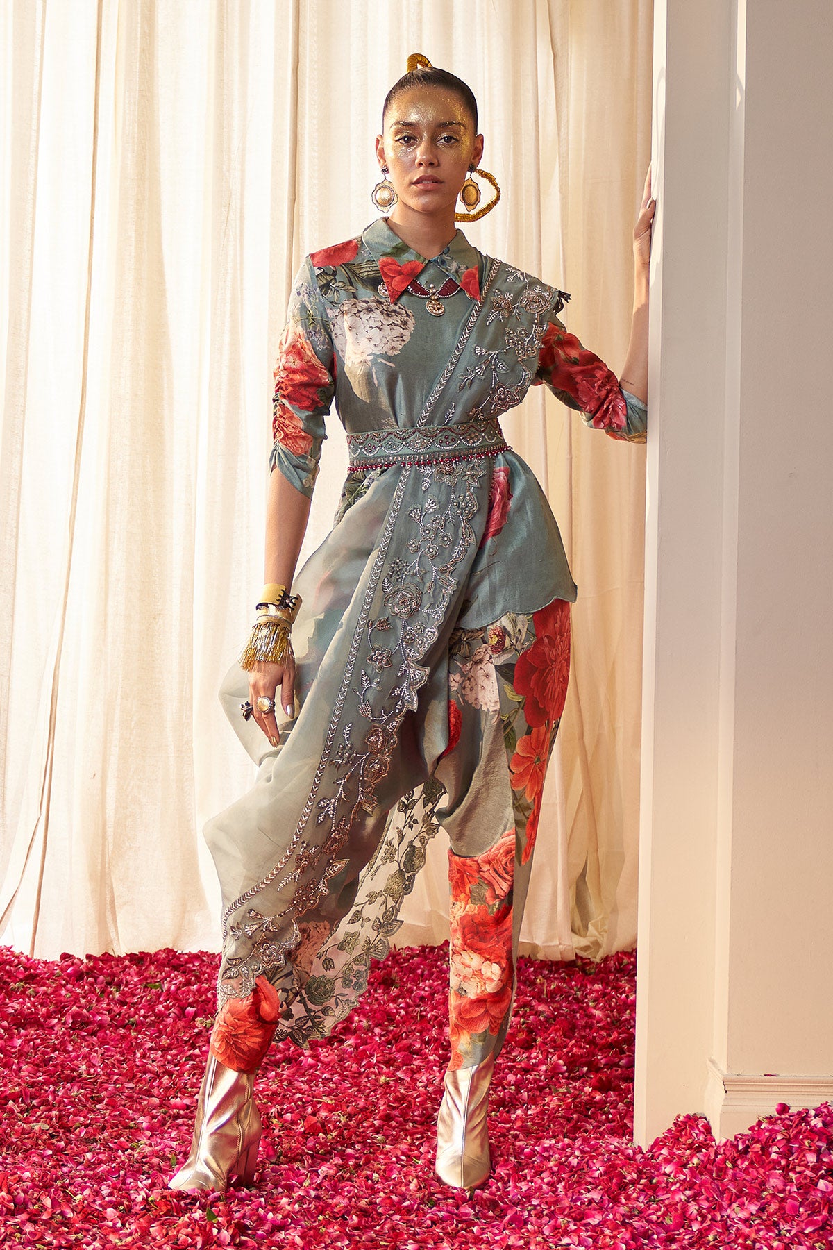 organza embroidered collar drape with silk top  and dhoti pant
