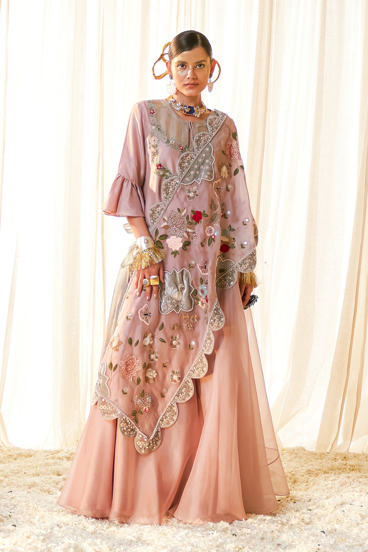 Swan Side Drape Sharara set (Pink)