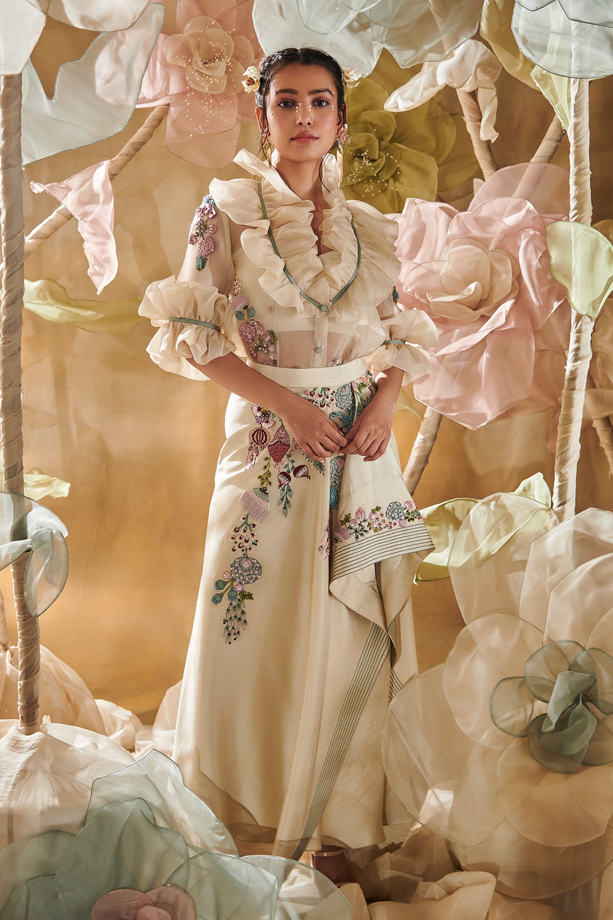 Neckline Frill Top And Drape Skirt