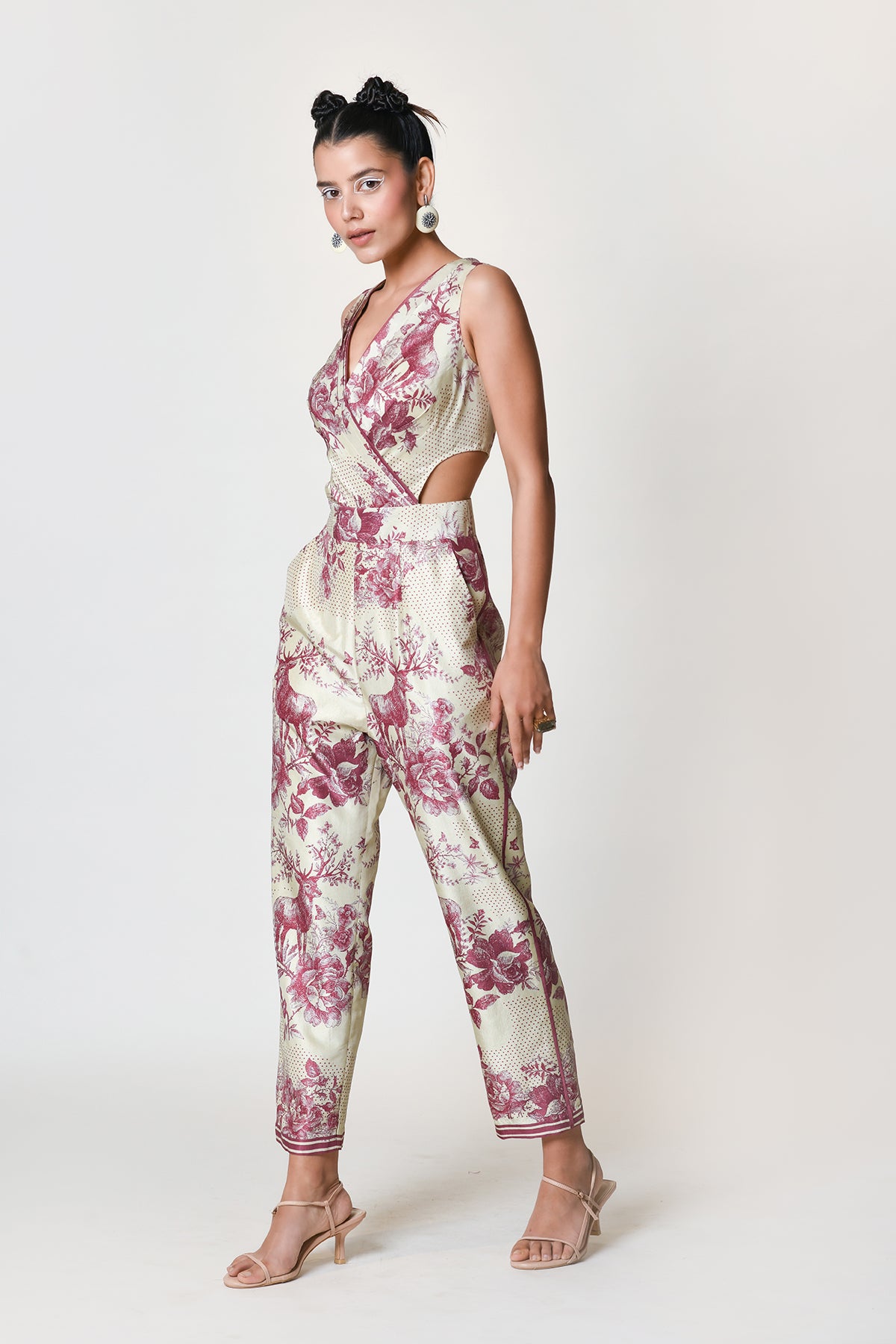 Saloni Lea Floral Fron-Twist Cut-Out Jumpsuit | Neiman Marcus